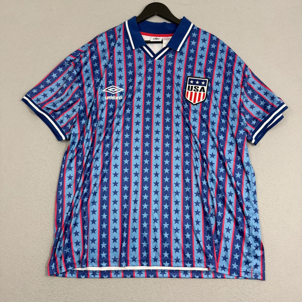 Umbro Soccer Jersey Mens XXL Blue USA Stars Stripes Short Sleeve Athletic Futbol